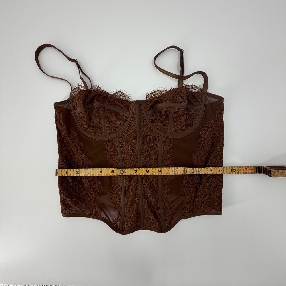 Brown Lace Mesh Underwire Corset Top Boned Bustier Hook Eye Back - Picture 4 of 4